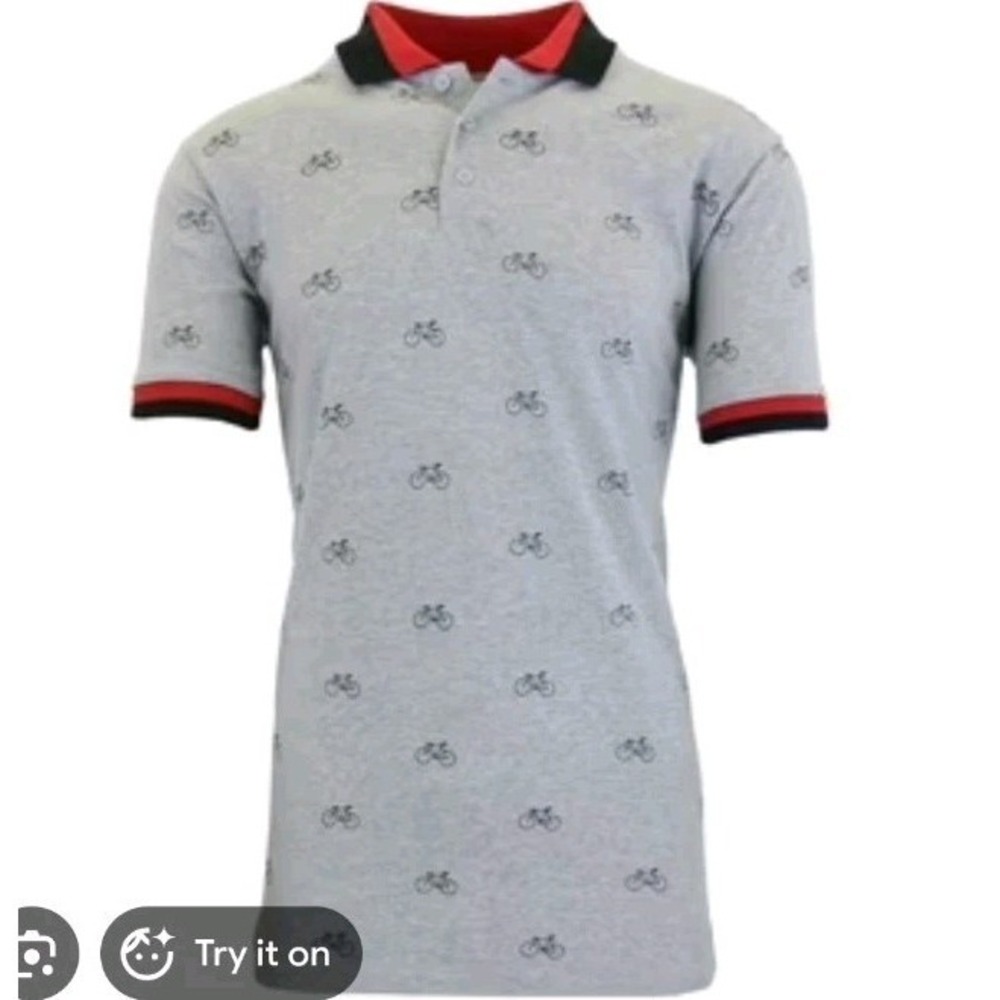 Grey Polo Shirt with Bicycle Print and Red-Trim Collar